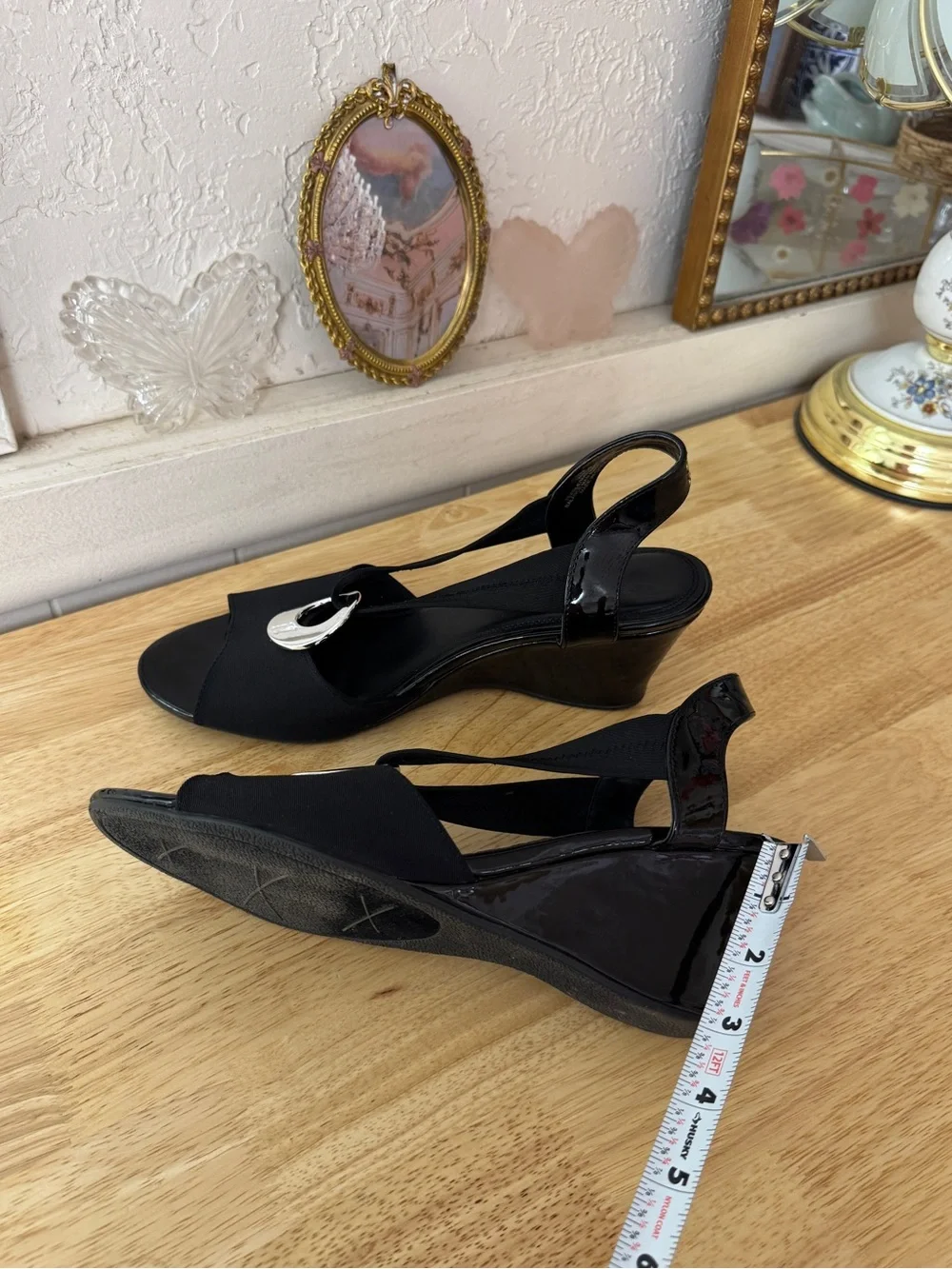 IMPO Black Stretch Slingback Wedge Sandals Size 10 Y2K Peep Toe Comfort Heels